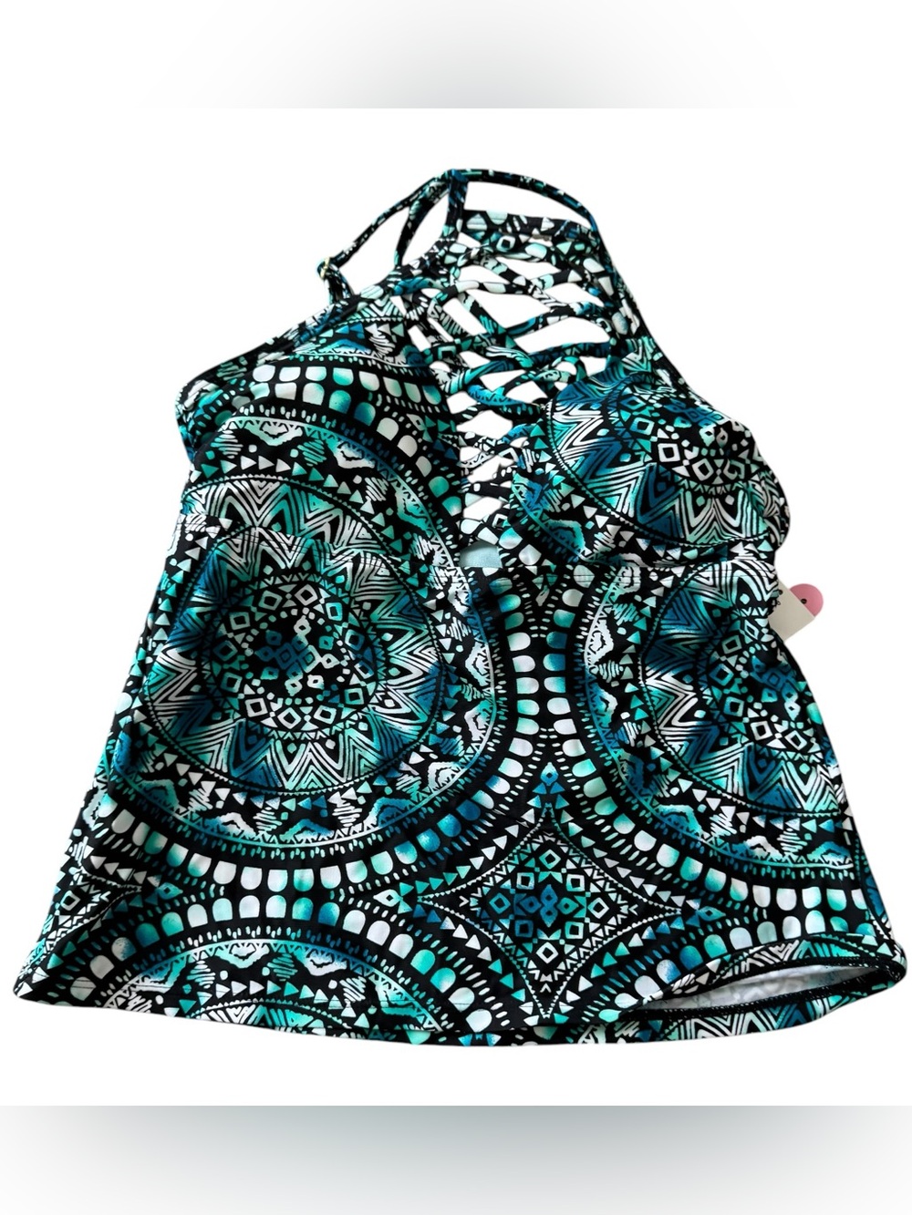 George Tankini Top Size XS Teal Aztec Print Lattice Back Swimwear